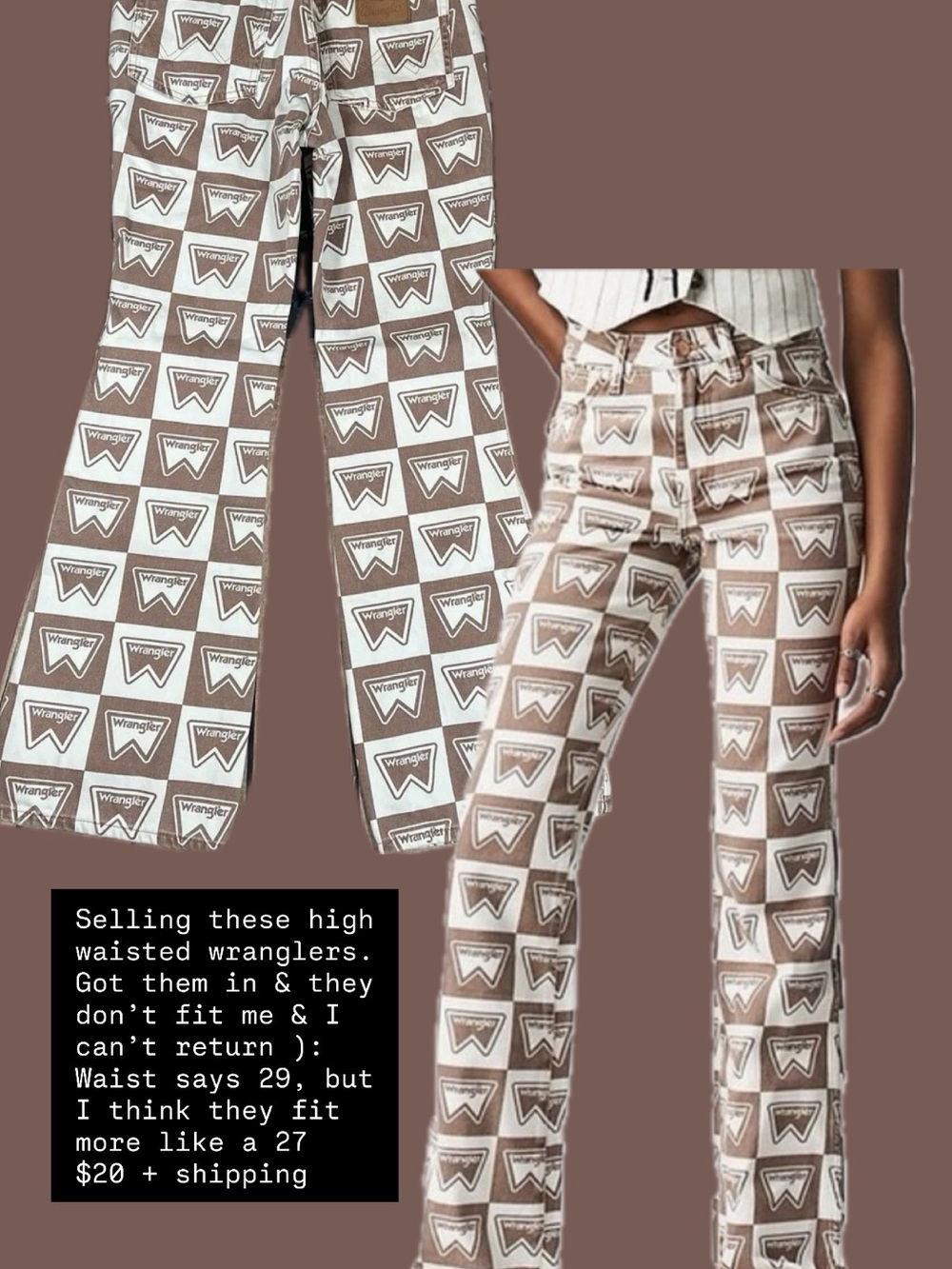 Wrangler Beige and White checkered Logo Flare Jeans